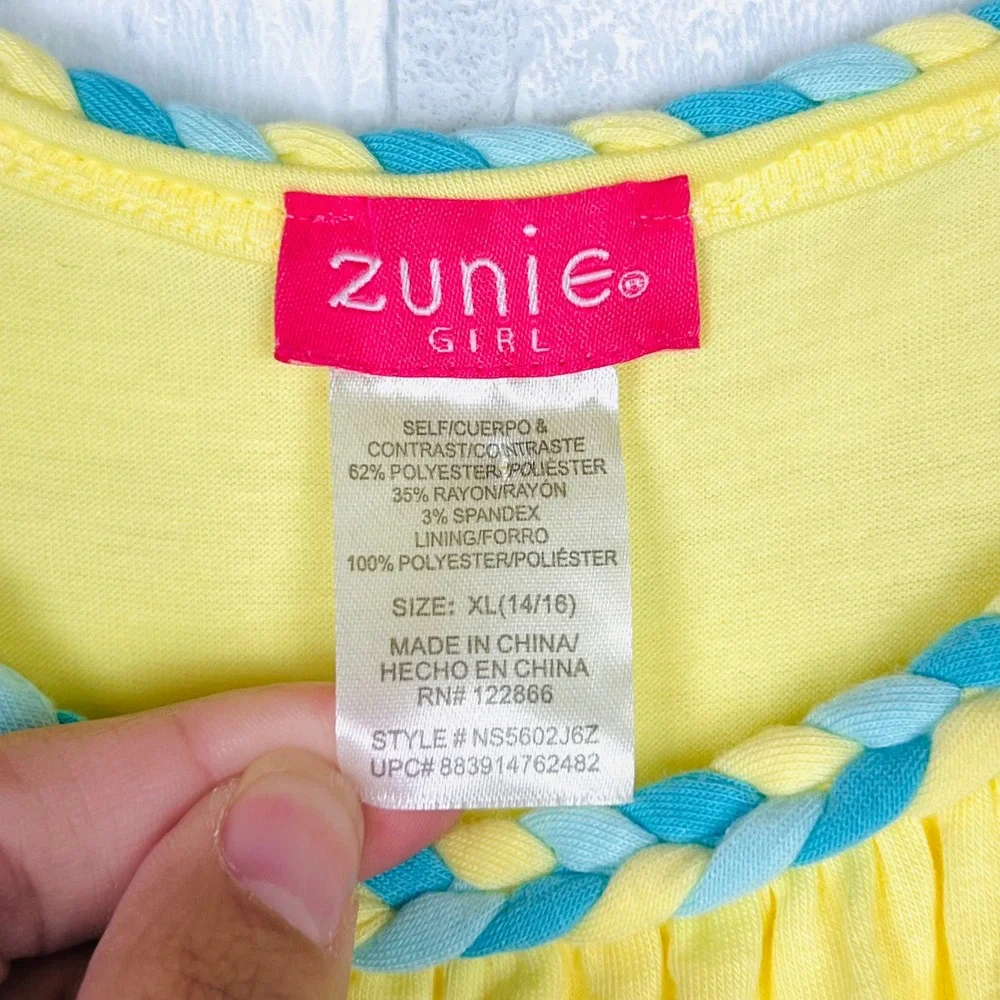 Zunie Girl Kids XL 14/16 Yellow Blue Tiered Colorblock Braided Strap Dress